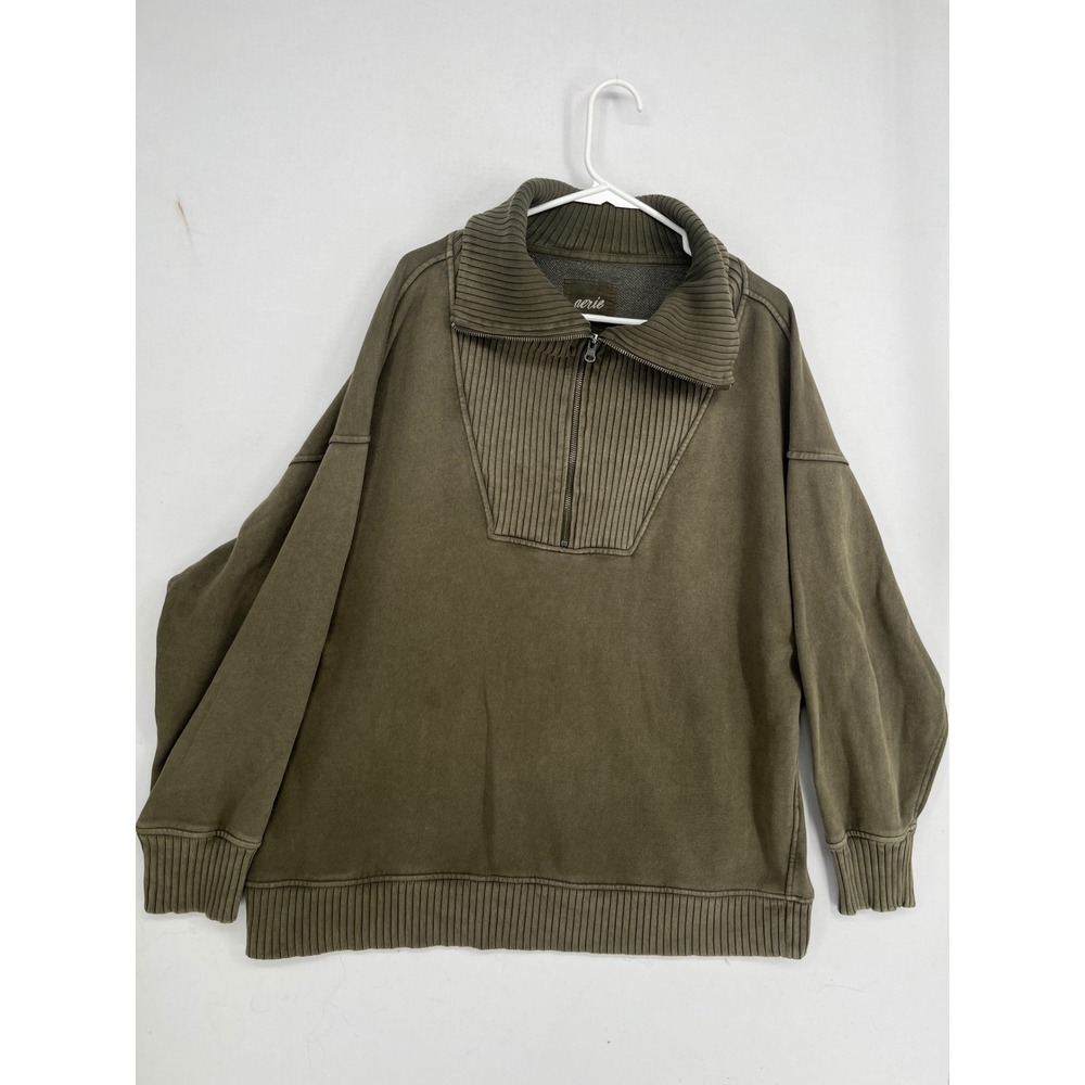 Aerie Oversized Quarter Zip Sweatshirt Olive Green Ribbed Pullover Large